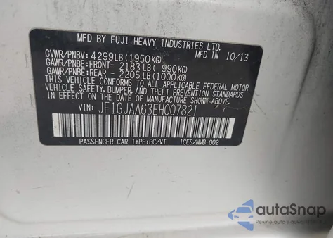 2014 Subaru Impreza 2.0I z USA, uszkodzony, nr VIN JF1GJAA63EH007821